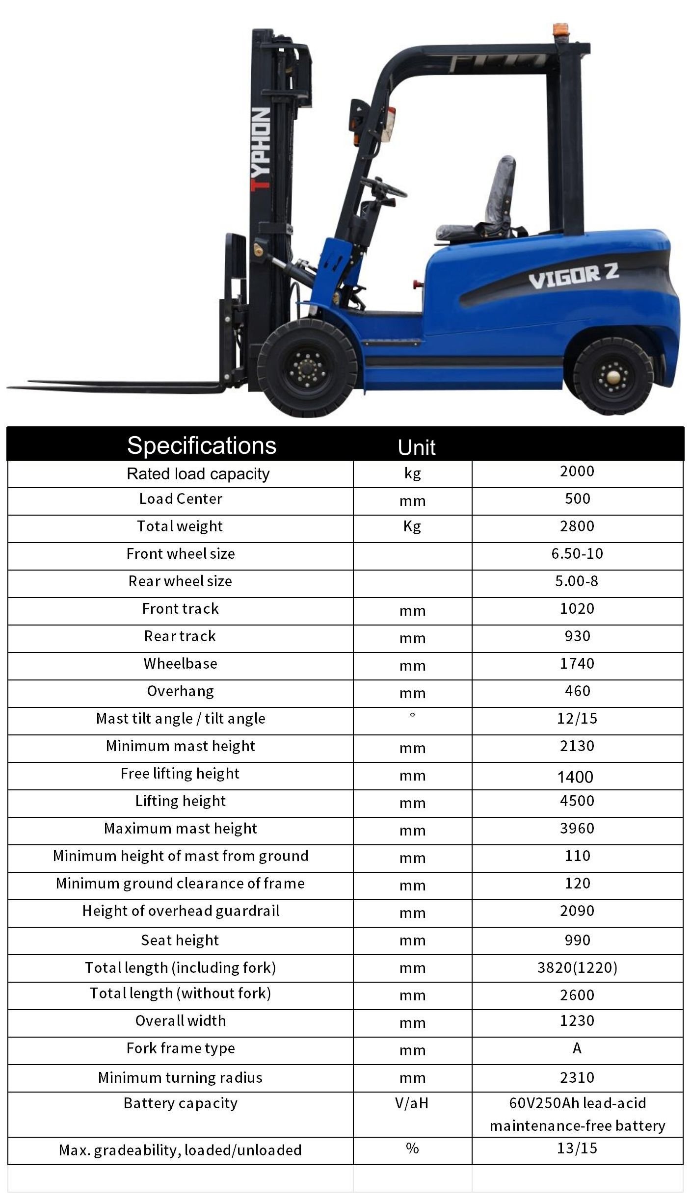 TYPHON VIGOR 2 Ton Blue Forklift - Image 2