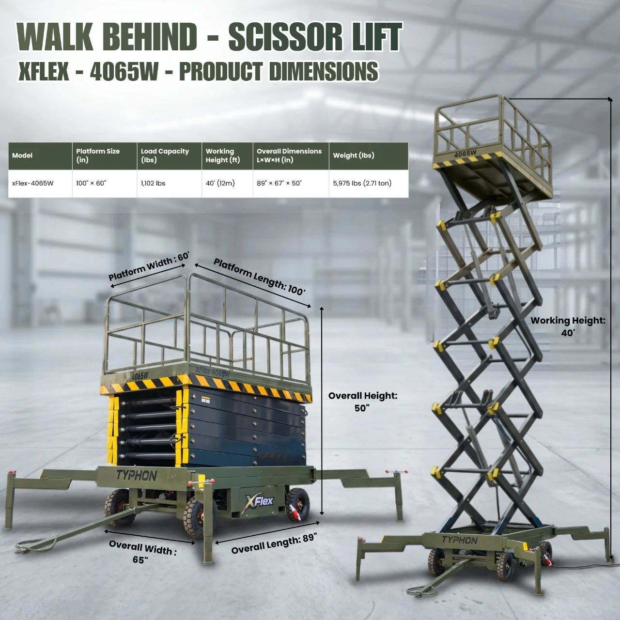 TYPHON xFlex-4065W Walk-Behind Scissor Lift 2.7 Ton with Assisted Walking, Manual outriggers of 40 ft lifting Height & 110V Electric - Image 2