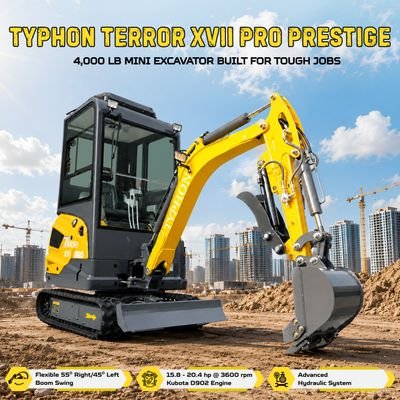 TYPHON TERROR XVII PRO Prestige Edition Mini Excavator 4000LB Kubota D902 Diesel, Enclosed Cab with AC/Heat, Hydraulic Thumb - Image 12