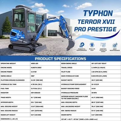 TYPHON TERROR XVII PRO Prestige Edition – Enclosed Mini Excavator with AC, Heater & Ergonomic Comfort - Image 3