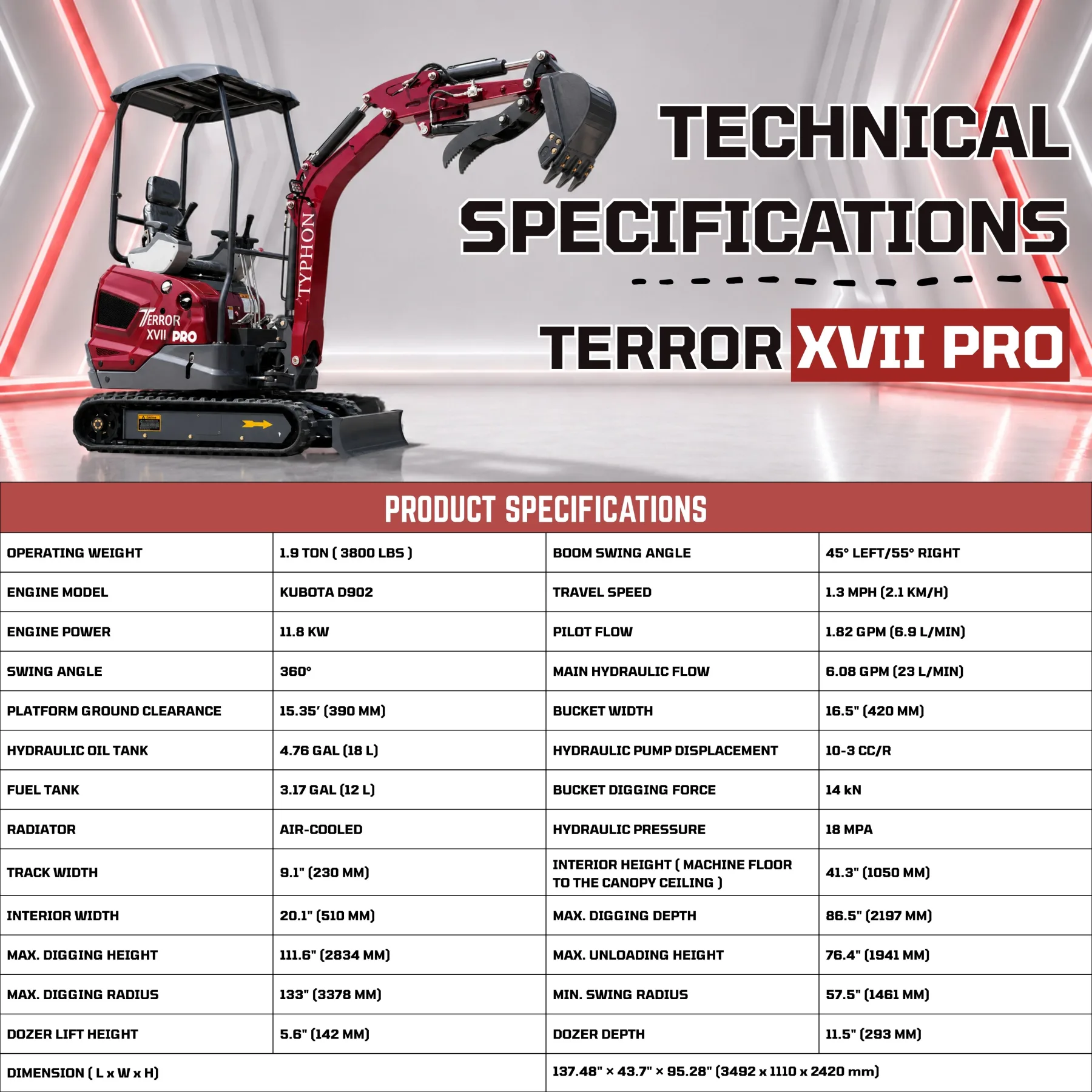 TYPHON TERROR XVII PRO 3800 lbs Mini Excavator Kubota Diesel, Hydraulic Thumb, Dozer Blade & Boom Swing - Image 2